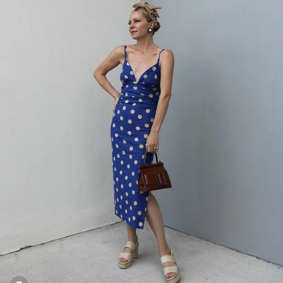 Linen Blend Polka Dot Midi Dress Zara Midi Dress Zara Blue Spotty